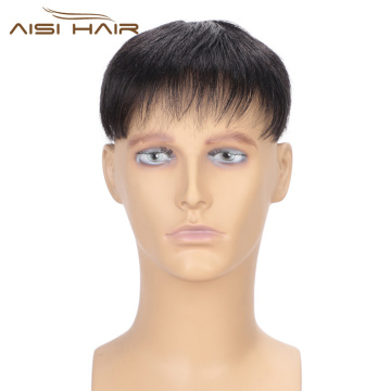 Aisi Hair 100% Human Hair Toupee for Men Natural Black Hair Machine Made Toupee Replacement System Hairpieces with Clips