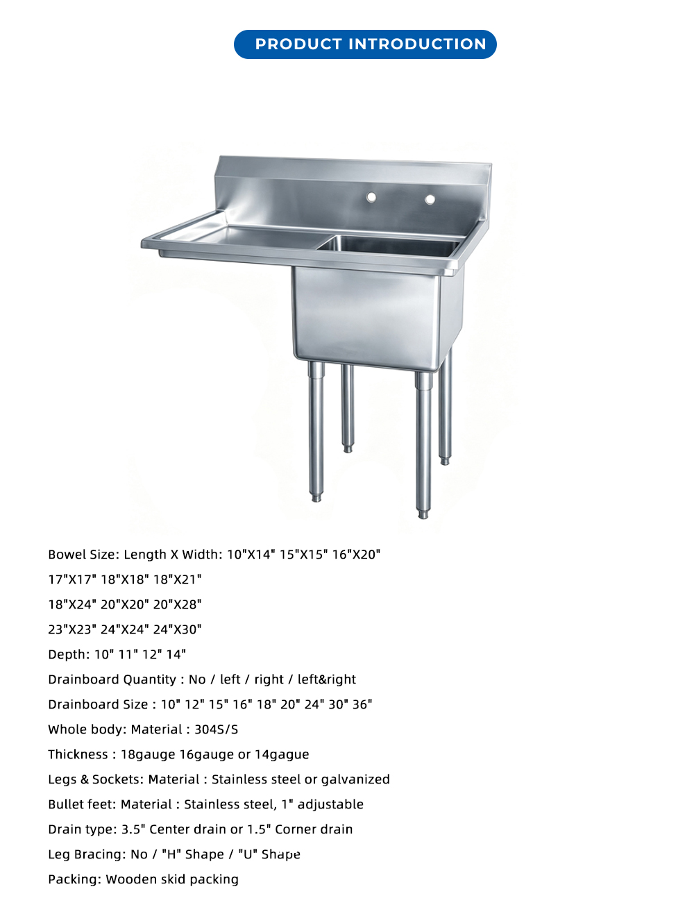 Compartment Stainless Steel Commercial Sink with Left X