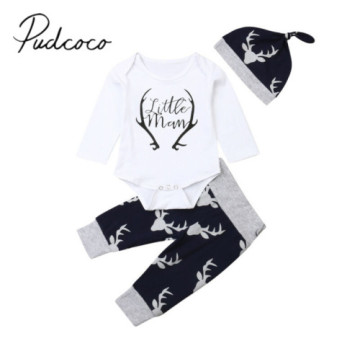 2019 Baby Spring Autumn Clothing Newborn Baby Boy Long Sleeve Little Man Long Sleeve Romper Deer Leggings Hat 3Pcs Clothes Set