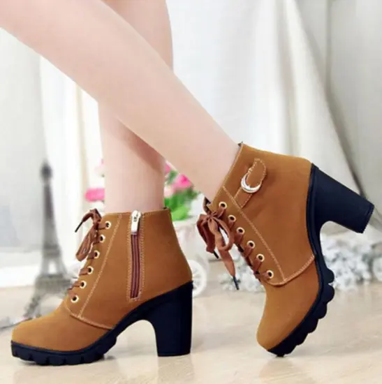 Women's Autumn & Winter High Heel Thick Heel Boots: Korean Style Lace-Up Short Boots