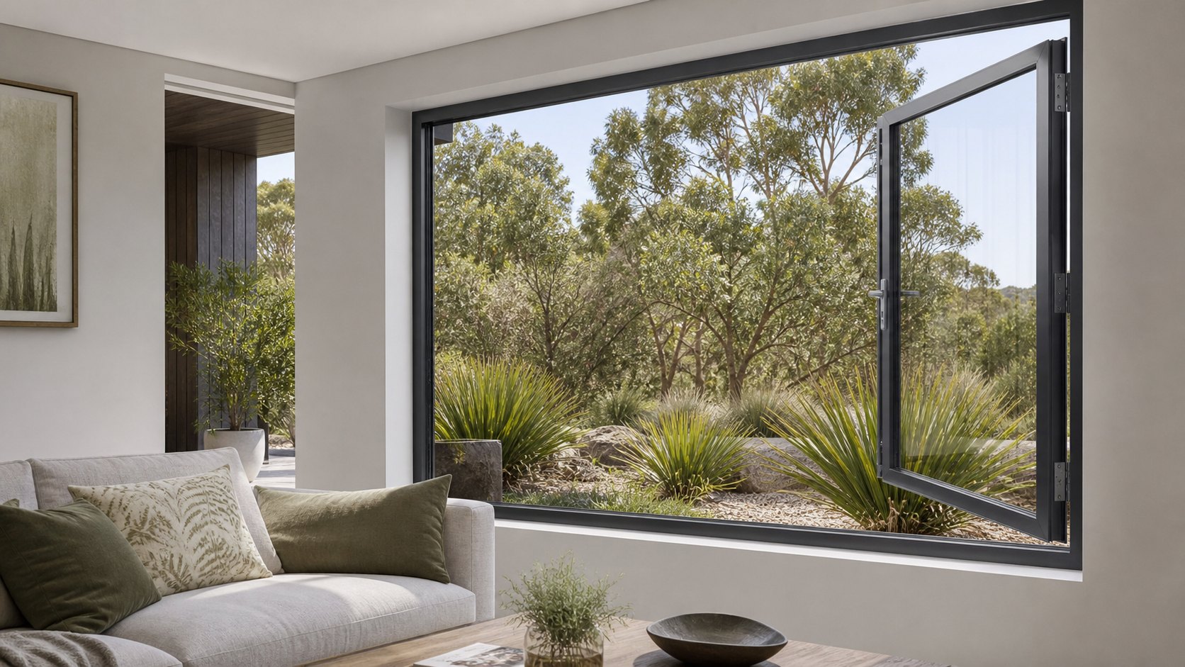 Open charcoal aluminium casement window in a contemporary Australian living room