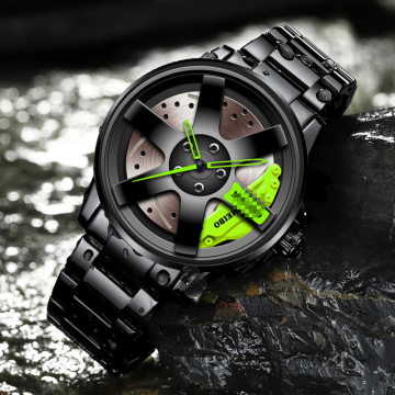 Men's Black Car Wheel Inspired Alloy Mechanical Watch with Steel Mesh Band