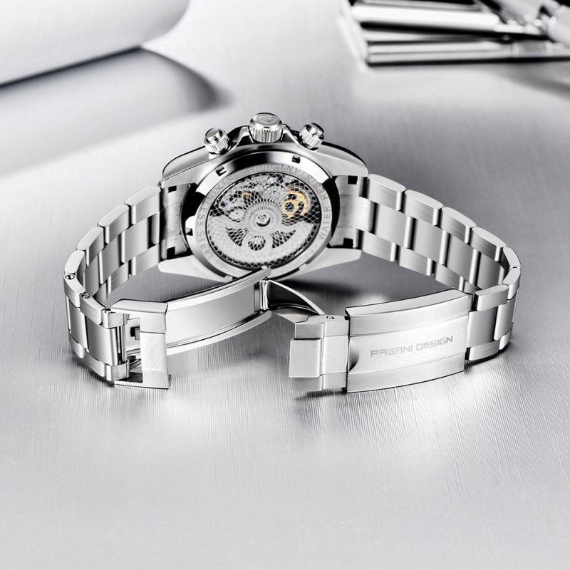 Men's Multi-functional Automatic Mechanical Watch with Hollowed Movement and Steel Band