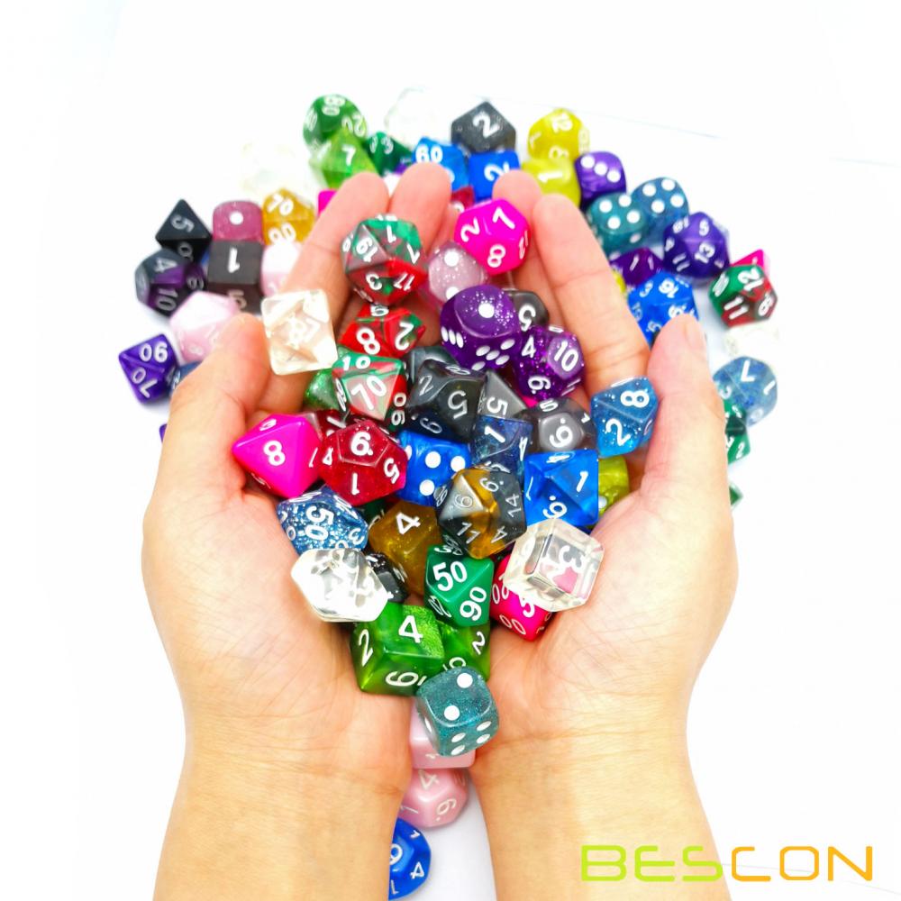 Bescon 120pcs Treasure Set, paquete de dados de RPG aleatoriamente mezclados de 120; Mezcla de dados poliédricos de brillo de arco iris, gema, Swirly, estilos de piedra
