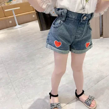 Summer high waist kids denim shorts love embroidery blue girl's jeans shorts
