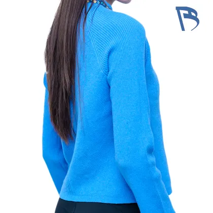 Klein Blue Vertical Rib Mock Neck Knit Top