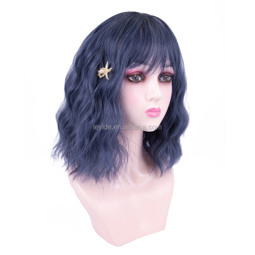 Pastel Colorful Short Bob Wigs Natural Black Wavy With Bangs Women's Shoulder Length Curly Wavy Synthetic Cosplay Wig for Girl