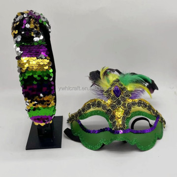 Carnival Sequin Eye Mask with Feathers and Headband Set in Mardi Gras Colors