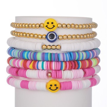 Colorful RAVE Bracelet Set: Summer Beach Bohemian Stackable Charms with Polymer Clay, Pearls, and Beads in Smile, Heart, and Star Designs