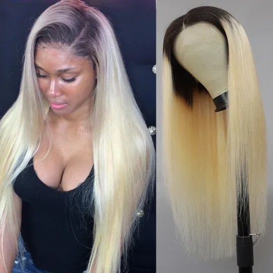 Pre-Plucked 100% Virgin Human Virgin Hair Blonde 1B/613 Blonde Lace Front Wig Dark Roots,HD Transparent Lace Front Wig