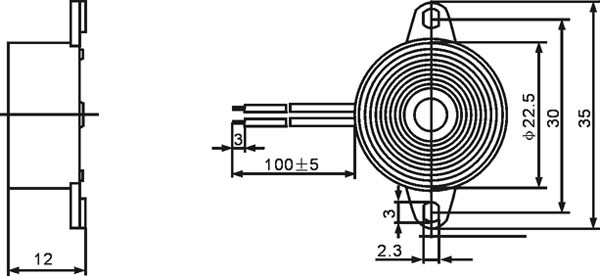 HND-2312_dim 12V DC Piezoelectric Buzzer 90dB 23*12mm