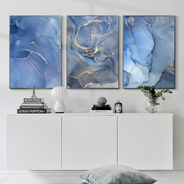 Blue Marble Texture Golden Border Wall Art Canvas Modern Abstract Posters And Prints Nordic Painting Pictures Home Decoration
