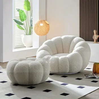 French-Chinese Minimalist Cream White Pumpkin-Shaped Boucle Lounge Chair