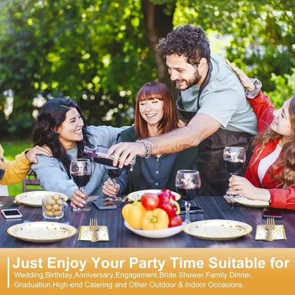 White Gold Paper Tableware Set - Dessert Plates, Napkins and Plastic Forks