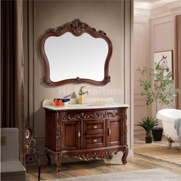 Antique Style Single Sink Marble Top Wooden Bathroom Vanity