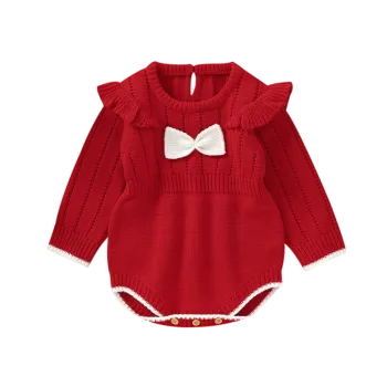 2024 Baby Girls Red Knit Romper with Bow - Unisex Newborn Knitted Jumpsuit