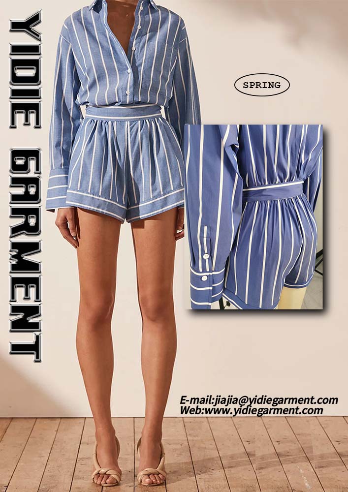 Striped Long Sleeve Drawstring Waist Flared Short Jumpsuits