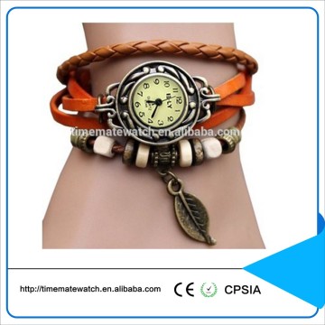 Genuine leather leaf design ladies quartz vintage retro watch alloy case bracelet watch