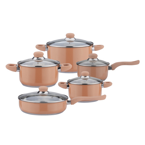 Brown color induction cookware set with glass lid