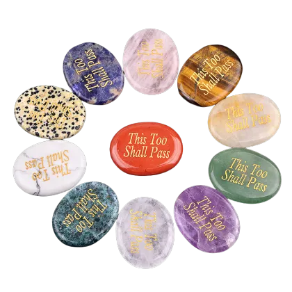 35X45MM Oval Engraved Inspirational Words(This too Shall Pass) Reiki Healing Crystal Carved Inspirational Word Worry Stone