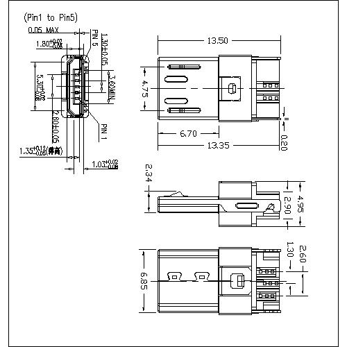 MUMS03-XXXXX 3 Micro USB 5P Plug Solder B Type 