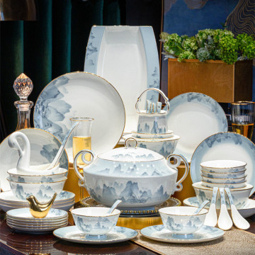 Gold Rim Luxury Tableware Set: Bone China Plates and Soup Bowls Dinnerware by Royal Porcelain