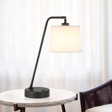 Modern Hotel Room Bedside Lamp with Metal Fabric Shade, USB Port, and Outlet