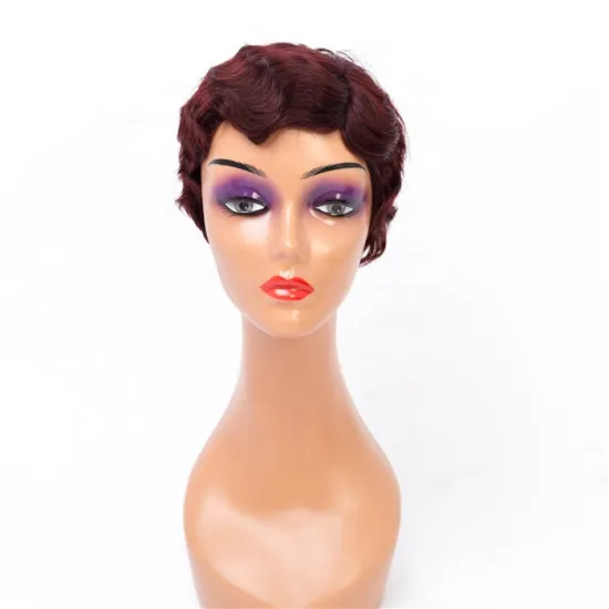Short Pixie Cut 100 Percent Authentic Human Hair Red wine None Lace Human Hair Wigs