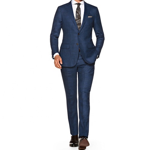 Slim Fit Blue Woolen Suit with Plaid Pattern