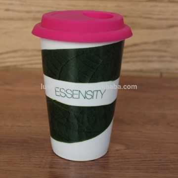 promotional glazed sublimation ceramic drinking mug with plastic/silicon lid