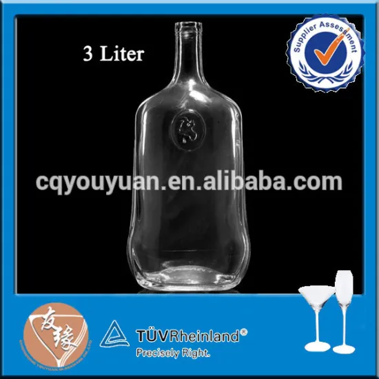 Large size 3L vodka bottle flat round glass bottle with cork