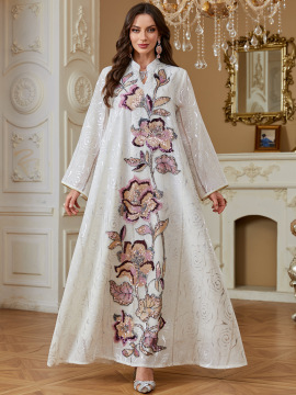 White Floral Embellished Modest Evening Maxi Dress Women