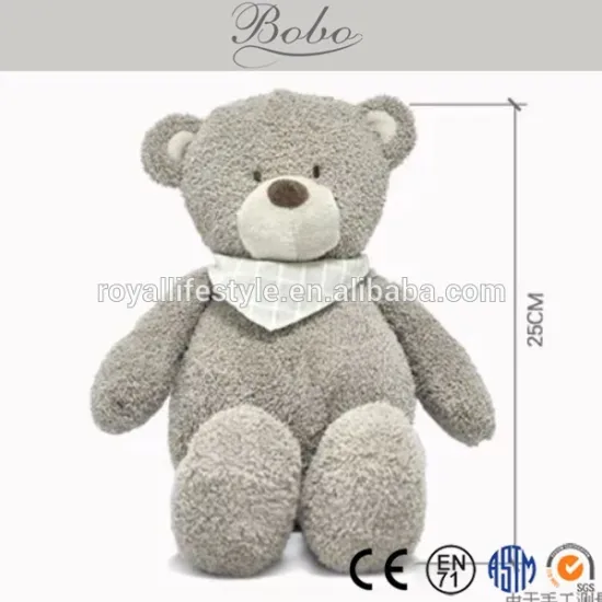 Fuzzy grey plush teddy bear toy with checked scarf- 9.84"H