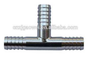 stainless steel hose barbed tee, 3/8 barb x 1/2 barb (bottom), reducing fitting