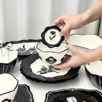 Black and White Tulip Ceramic Dinner Set with Vintage Luxe Feel