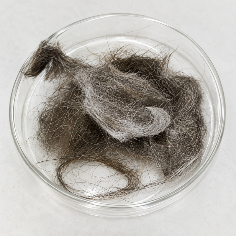 Pelo en un plato de muestra transparente.
