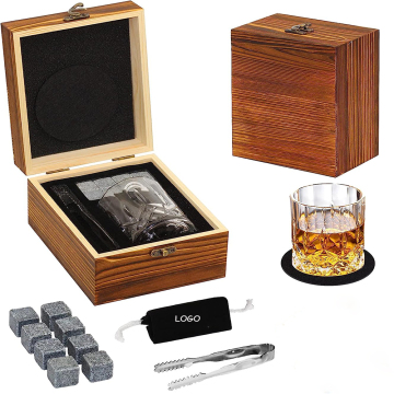 Custom Luxury Wooden Box Set with Logo: Whiskey Stones, Wine Glass, and Bar Accessories
