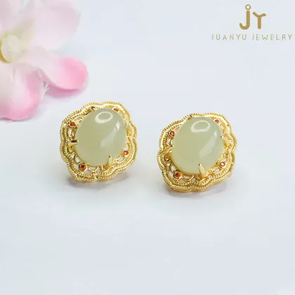 3-Piece Hollow-Out Copper & Hetian Jade Jewelry Set: Earrings, Ring, Pendant, and Necklace