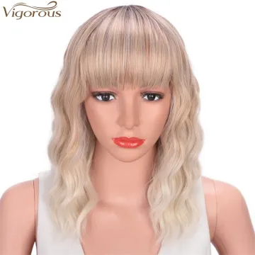 Vigorous Wavy Short Bob with Air Bangs Shoulder Length Curly  Synthetic Cosplay Ombre Blonde Bob Wig for Girl