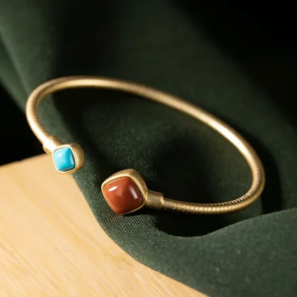 South Red Agate Inlaid With Turquoise Silver Bracelet