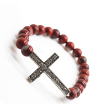 Red Jasper 8MM Round Beads Stretch Gemstone Bracelet with Diamante Cross Piece