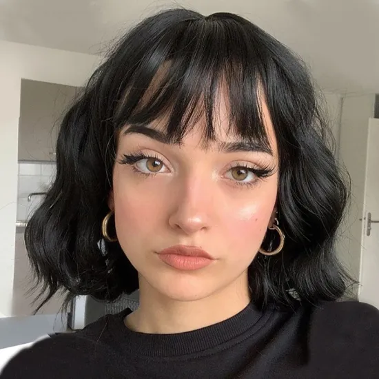 Short Black Wig with Bangs Curly Wavy Natural Bob Wigs Heat Resistant False Hair Synthetic Wigs for Women