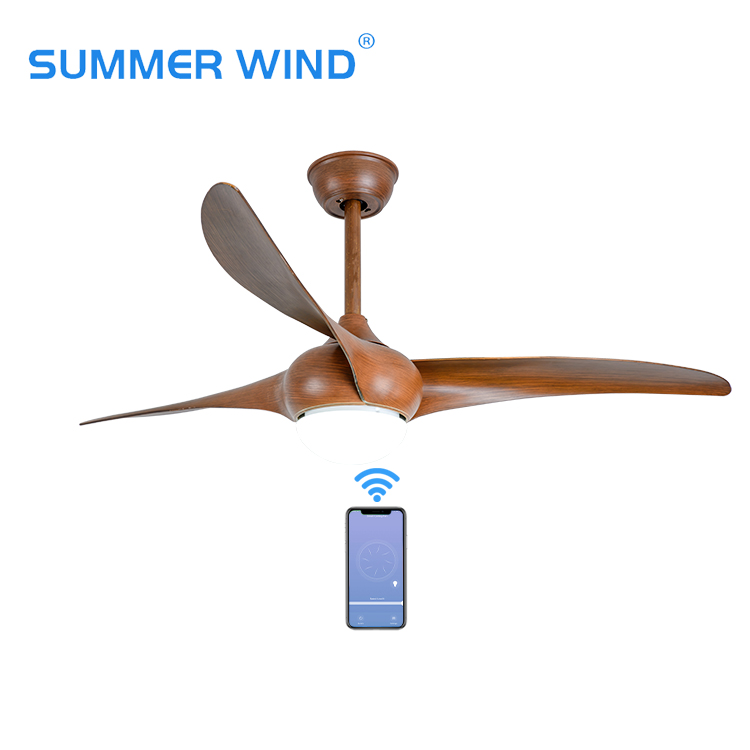 Wooden smart WiFi ceiling fan with light