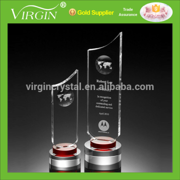 Personal logo design crystal trophy plaque with globe etched as company award gift