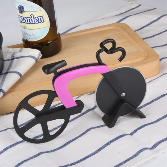latest products in kitchen novelty stainless steel handheld bicycle wheel pizza slicer with kickstand