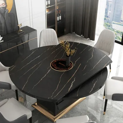 Extendable Round Folding Stainless Steel Tempered Glass Dining Table with Induction Cooker