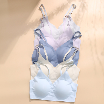 Spring Blue Fashion Bustier Crop Top Laser Cut No Show Bonded Adjustable Shoulder Strap Push Up Bra