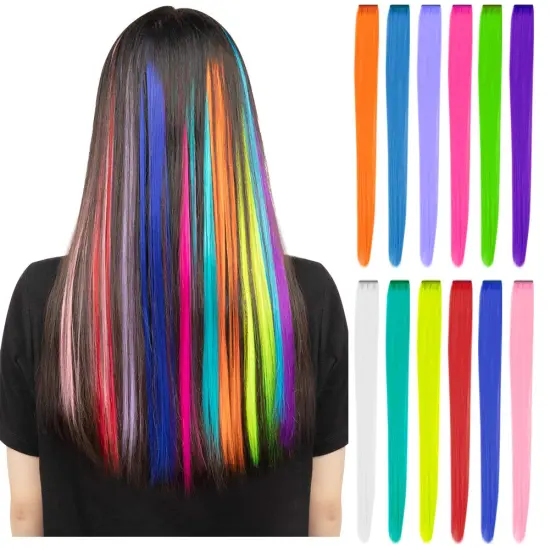 Clip Hair Solid Color Synthetic Fiber Hair Extension For Woman And Children In Party Black Blonde White Green Blue Pink
