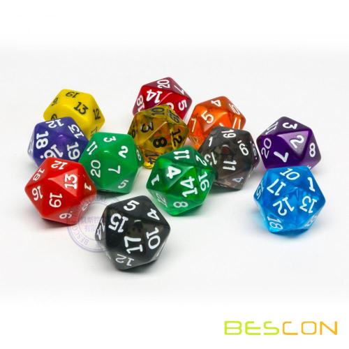 Transparent Different Colored Polyhedral 20 Sided Dice