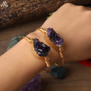 Dark Amethyst Druzy Energy Bangle with Premium Plated Copper Wire Wrap - Open Cuff Design